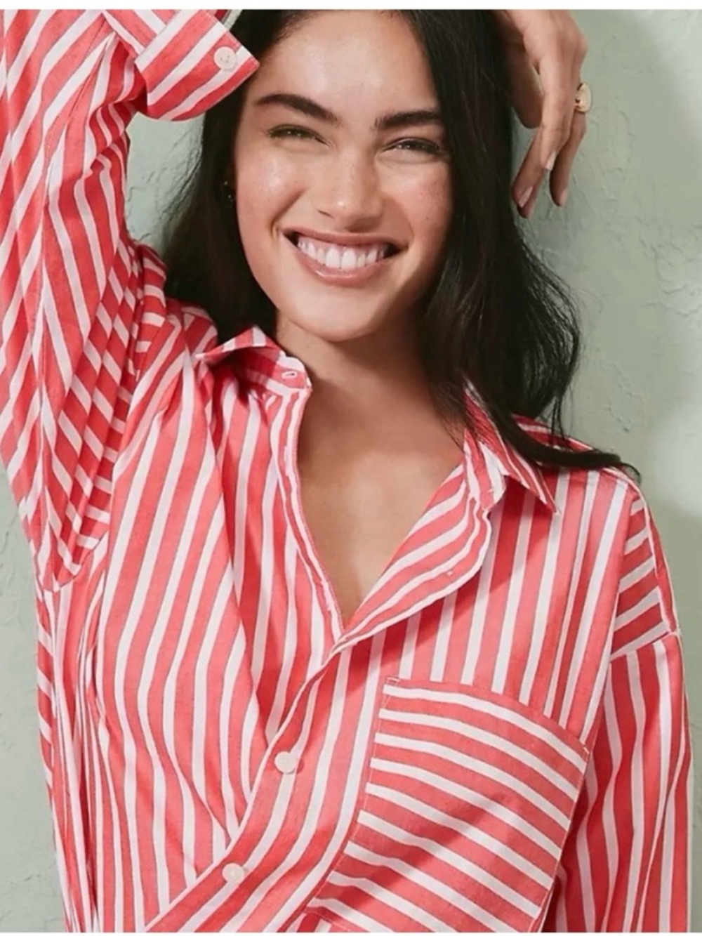 LOFT Red and White Striped Collared Shirt